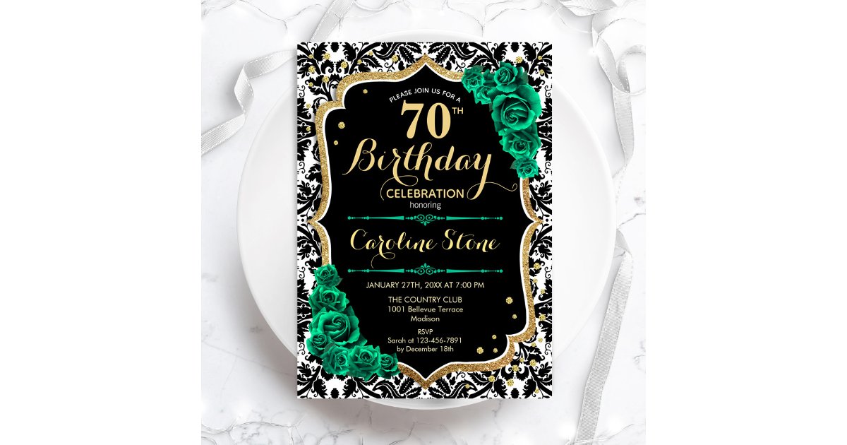 Green Roses Gold Black Damask 70th Birthday Invitation | Zazzle