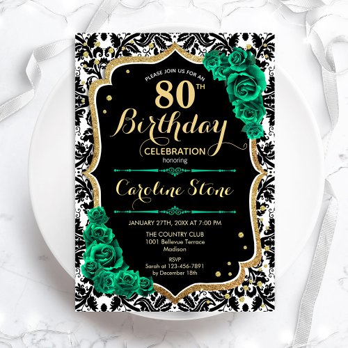 Green Roses Gold Black Damask 80th Birthday Invitation