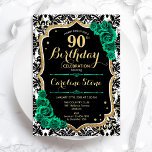 Green Roses Gold Black Damask 90th Birthday Invitation<br><div class="desc">90th Birthday Party Invitation. Elegant floral emerald green design with faux glitter gold and roses. Features black and white damask pattern and script font. Perfect for a stylish womens bday celebration. Can be customised for any age! Printed Zazzle invitations or instant download digital printable template.</div>