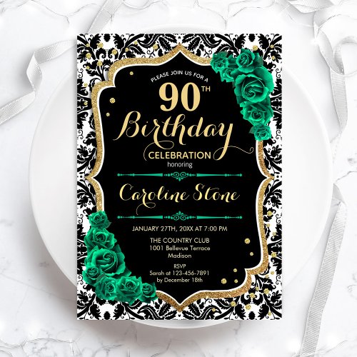 Green Roses Gold Black Damask 90th Birthday Invitation