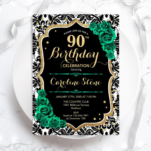 Green Roses Gold Black Damask 90th Birthday Invitation (Creator Uploaded)