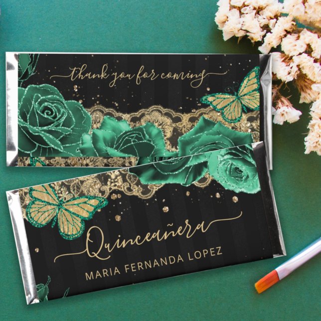 Green Roses Gold Floral Quinceañera Personalized  Hershey Bar Favors (Creator Uploaded)