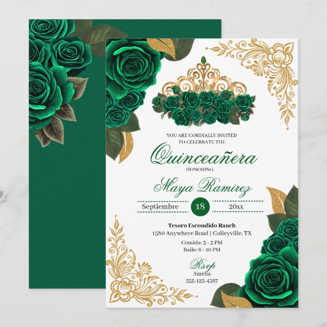 Green Roses Gold Glitter Frames Tiara Quinceañera  Invitation (Front/Back)