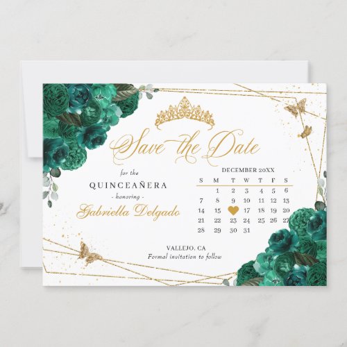 Green Roses  Gold Quinceaera Save The Date Invitation