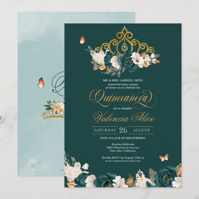 Green Roses Gold Tiara Butterflies Quinceanera Invitation (Front/Back)