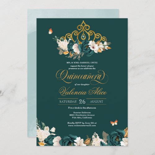 Green Roses Gold Tiara Butterfly Flor Quinceanera Invitation