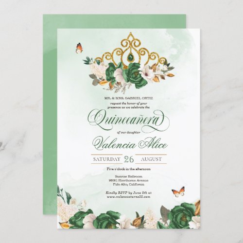 Green Roses Gold Tiara Butterfly Quinceanera Invitation