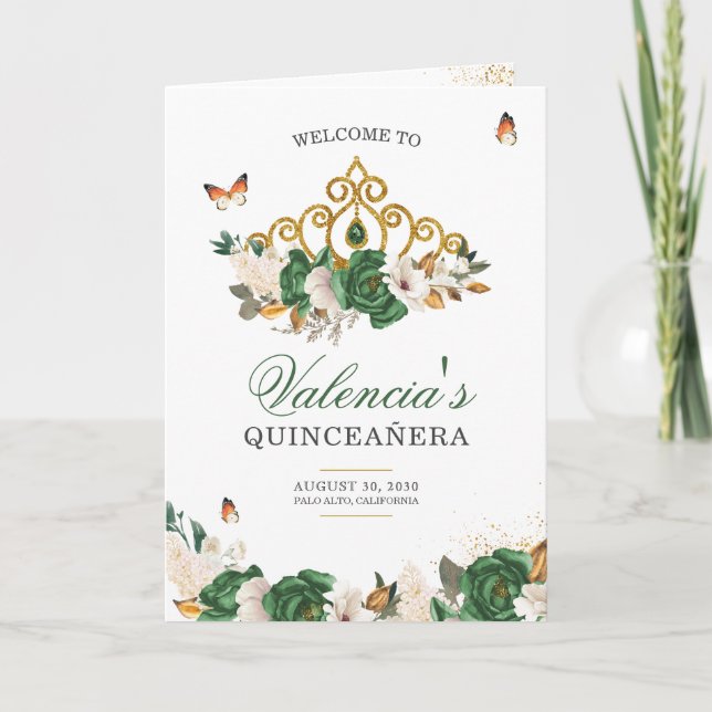 Green Roses Gold Tiara Butterfly Quinceanera Program (Front)