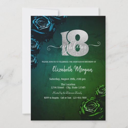 Green Roses Gothic 18th Birthday  Invitation