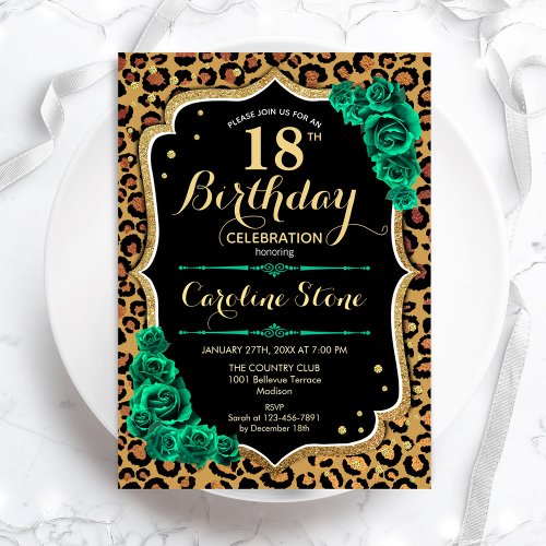 Green Roses Leopard Print 18th Birthday Invitation