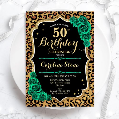 Green Roses Leopard Print 50th Birthday Invitation