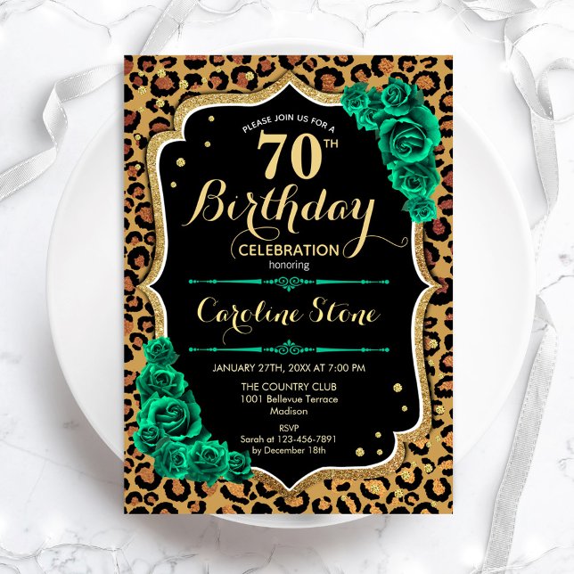 Green Roses Leopard Print 70th Birthday Invitation (Creator Uploaded)