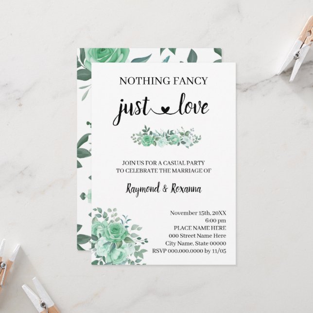 Green Roses  Nothing Fancy just Love Elopement   Invitation (Front/Back In Situ)