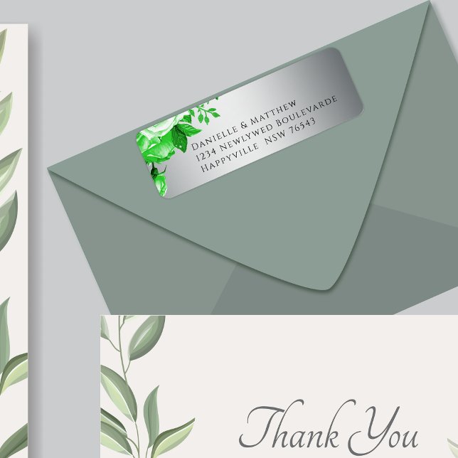 Green Roses on Luxurious Silver Elegant Wedding Label (Creator Uploaded)