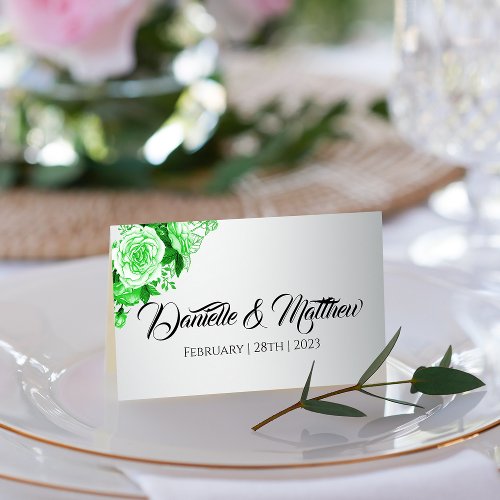 Green Roses on Silver Garden Wedding Place Card