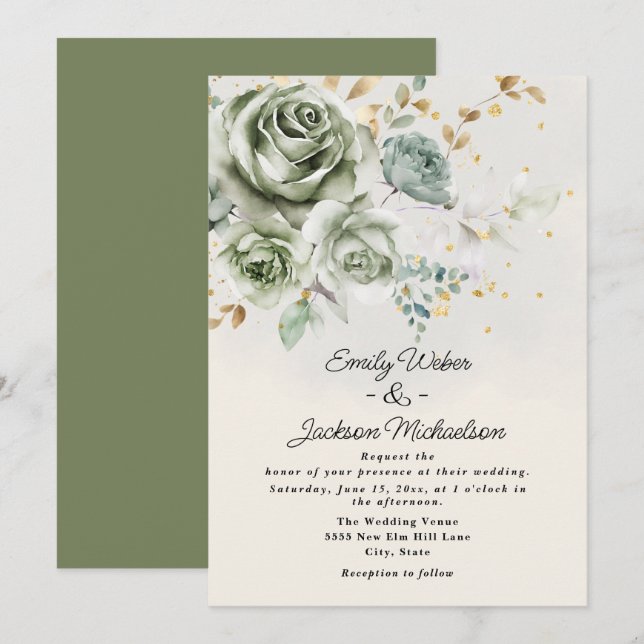 Green Roses Peonies Elegant Gold Glitter Wedding Invitation (Front/Back)