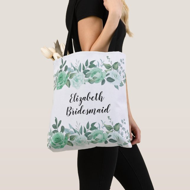 Green Roses Personalized Bridesmaid Tote Bag (Close Up)