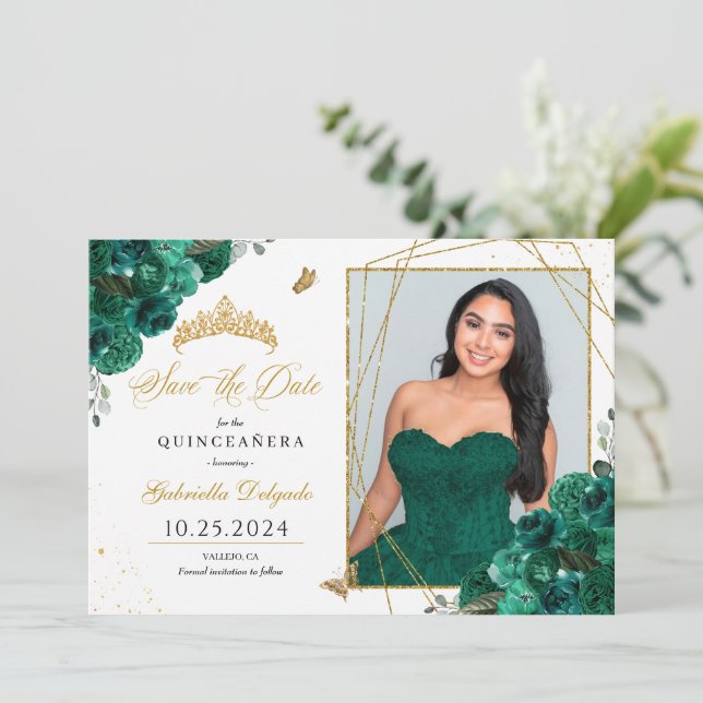 Green Roses Photo Card Quinceañera Save The Date (Standing Front)