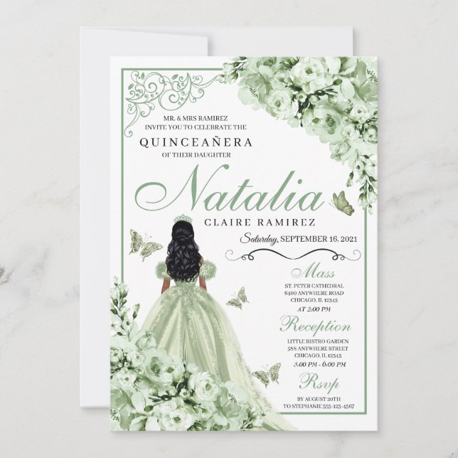 Green Roses Princess Dress Tiara Quinceanera  Invitation (Front)