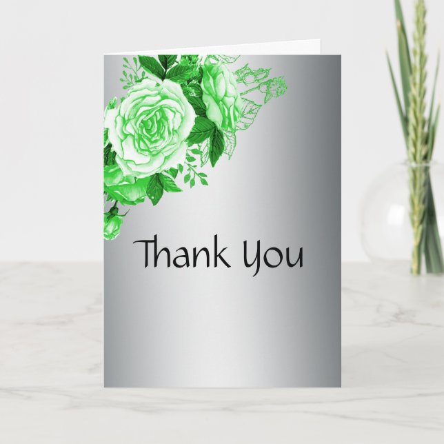 Green Roses Romance Elegant Silver Wedding  Thank You Card (Front)