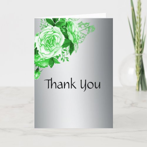 Green Roses Romance Elegant Silver Wedding  Thank You Card