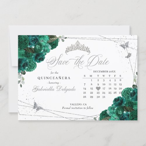 Green Roses  Silver Quinceaera Save The Date Invitation