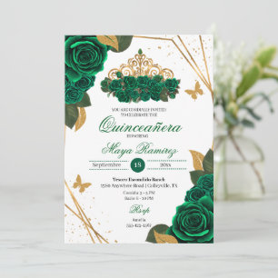 Green Roses Tiara Gold Glitter Quinceañera  Invitation