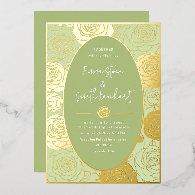 Green Roses Wedding Foil Invitation (Front/Back)