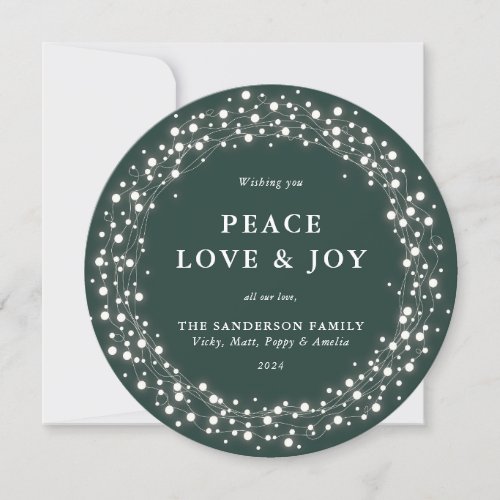 Green Round Sparkling Lights Peace Love  Joy Holiday Card