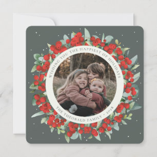 Green Round/Square Red Berries+Eucalyptus Photo Holiday Card