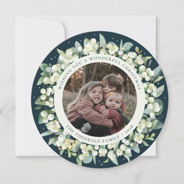 Green Round/Square Snowberry+Eucalyptus Photo Holiday Card (Front)