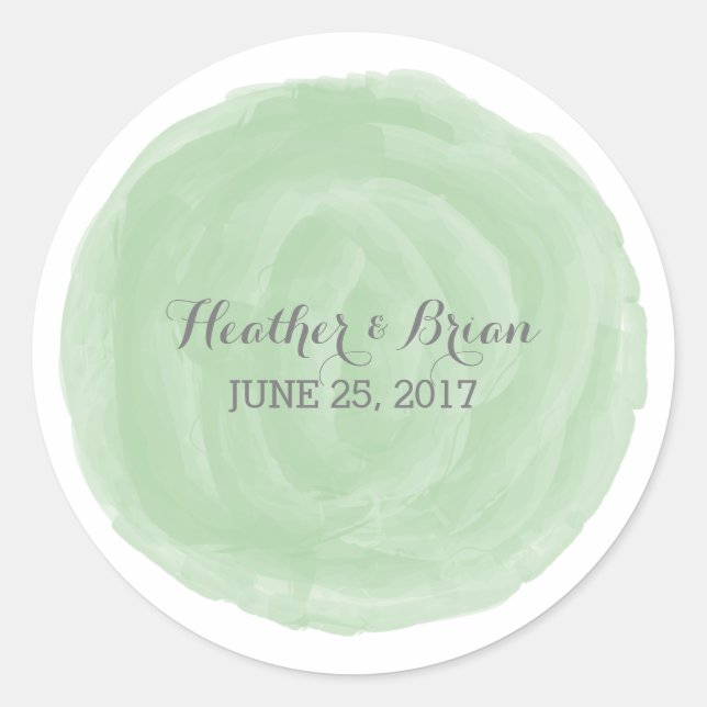 Green Round Watercolor Wedding Stickers (Front)