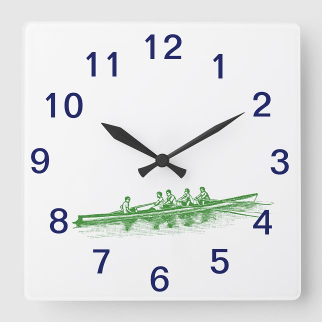 Green Rowing Rowers Crew Team Water Sports Square Wall Clock (Front)