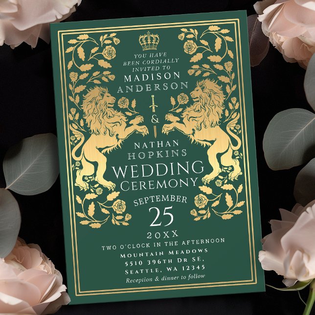 Green Royal Lion Medieval Gold Wedding Invitation (Creator Uploaded)