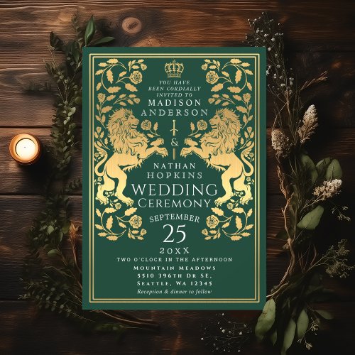 Green Royal Lion Medieval Gold Wedding Invitation