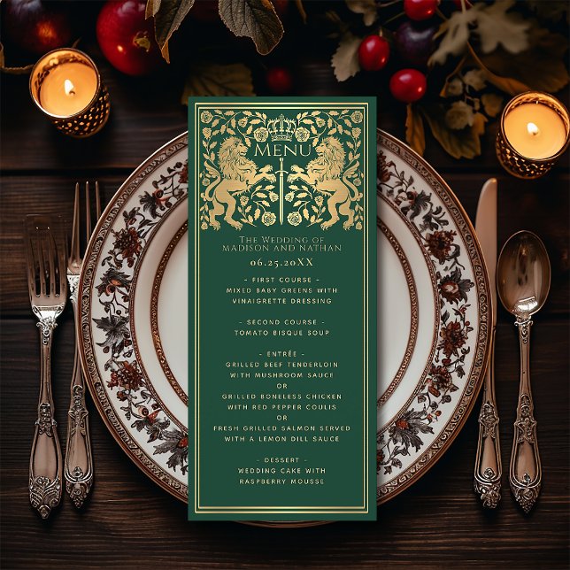 Green Royal Lion Medieval Sword Wedding Flat Menu (Creator Uploaded)