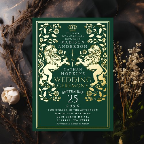 Green Royal Lion Medieval Wedding  Foil Invitation