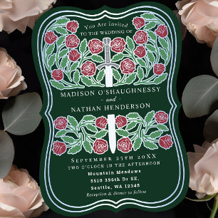 Green Royal Medieval Floral Silver Sword Wedding Invitation