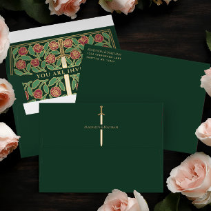 Green Royal Medieval Gold Floral Sword Wedding Envelope