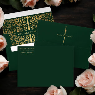 Green Royal Medieval Gold Sword Wedding Envelope