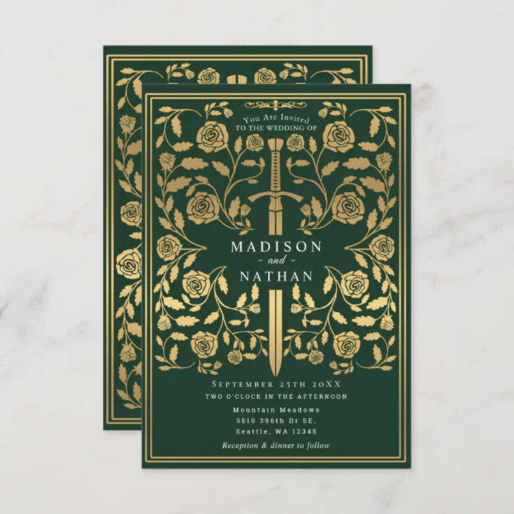 Green Royal Medieval Gold Sword Wedding Invitation