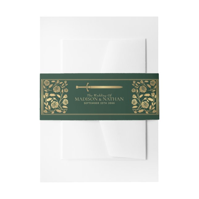 Green Royal Medieval Gold Sword Wedding  Invitation Belly Band (Front Example)