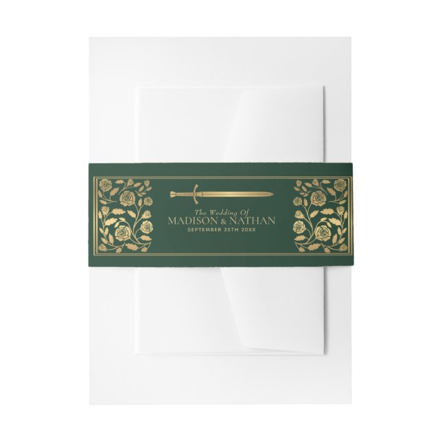 Green Royal Medieval Gold Sword Wedding  Invitation Belly Band (Front Example)