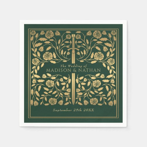 Green Royal Medieval Gold Sword Wedding Napkins