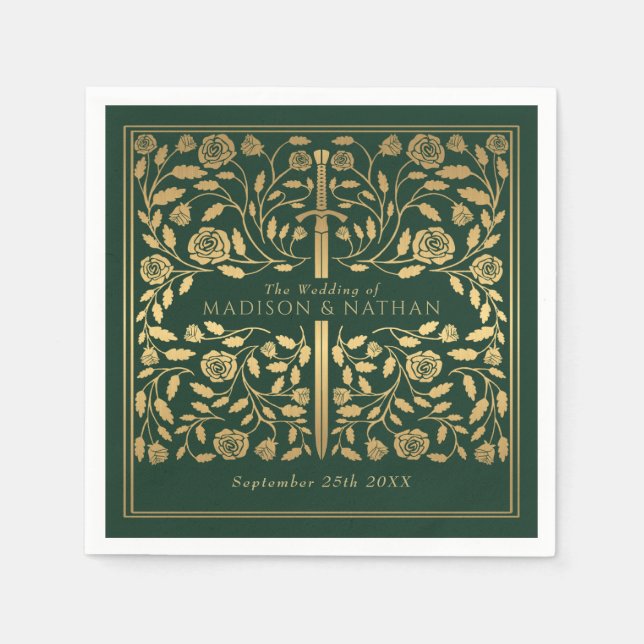 Green Royal Medieval Gold Sword Wedding Napkins (Front)