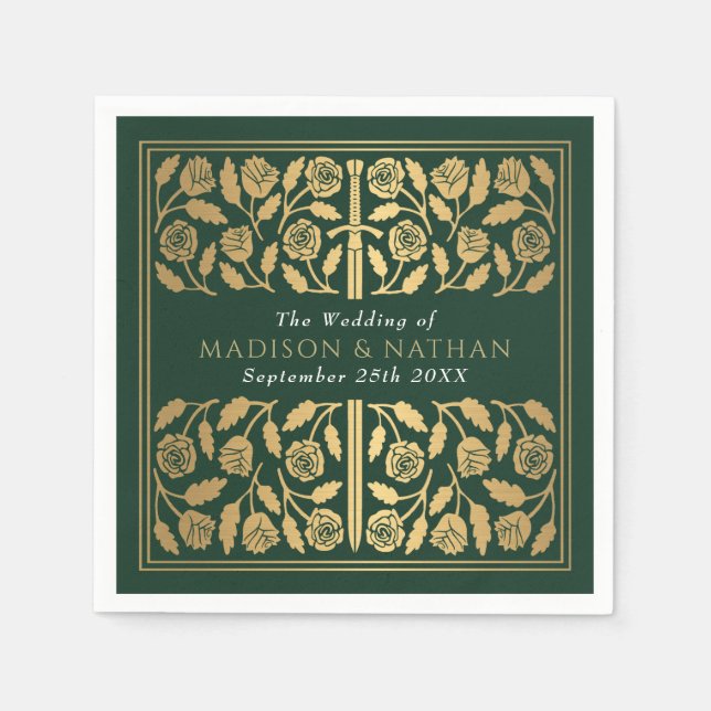 Green Royal Medieval Gold Sword Wedding Napkins (Front)