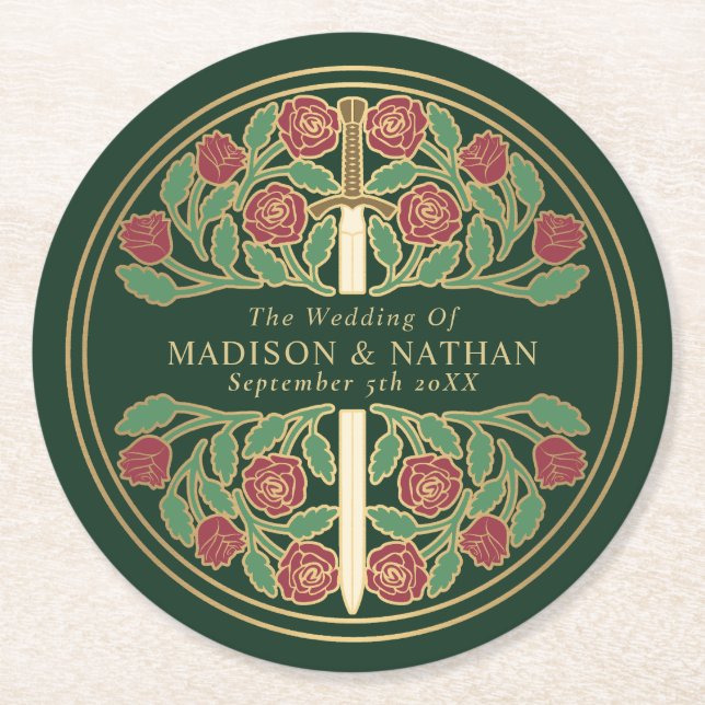 Green Royal Medieval Gold Sword Wedding Round Paper Coaster (Front)