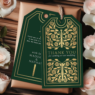 Green Royal Medieval Gold Sword Wedding Thank You Gift Tags
