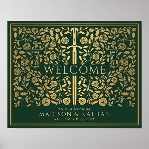 Green Royal Medieval Gold Sword Wedding Welcome  Poster