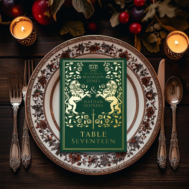 Green Royal Medieval Lion Wedding  Foil Table Card (Creator Uploaded)